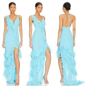 NBD | Suki Gown in Blue Mermaid Ruffle Asymmetric Maxi Dress S
